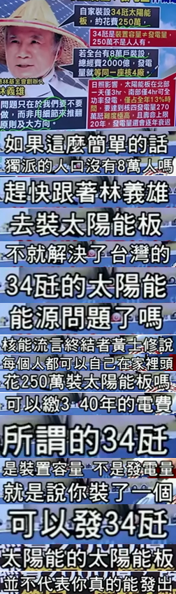 8萬戶裝太陽能板就能比過核4?林義雄請多讀點專業書吧【臺灣包袱鋪】 8萬戶裝太陽能板就能比過核4?林義雄請多讀點專業書吧【臺灣包袱鋪】