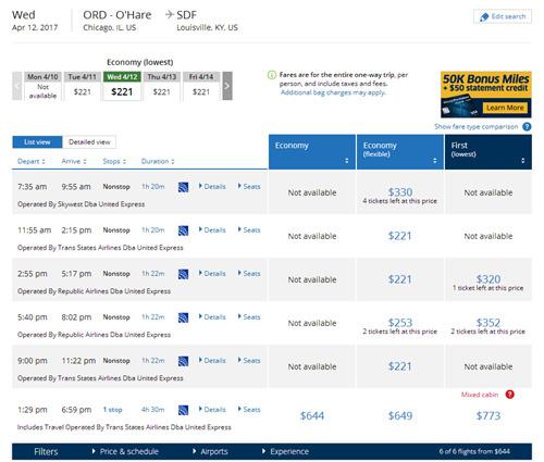 圖說:記者在美聯航官網搜索奧黑爾國際機場飛往肯塔基州路易斯維爾的航班。